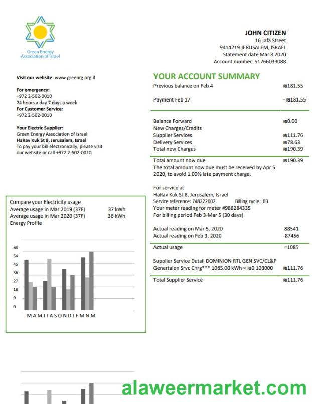 Israel Green Energy Association of Israel utility bill template in Word and PDF format (doc)